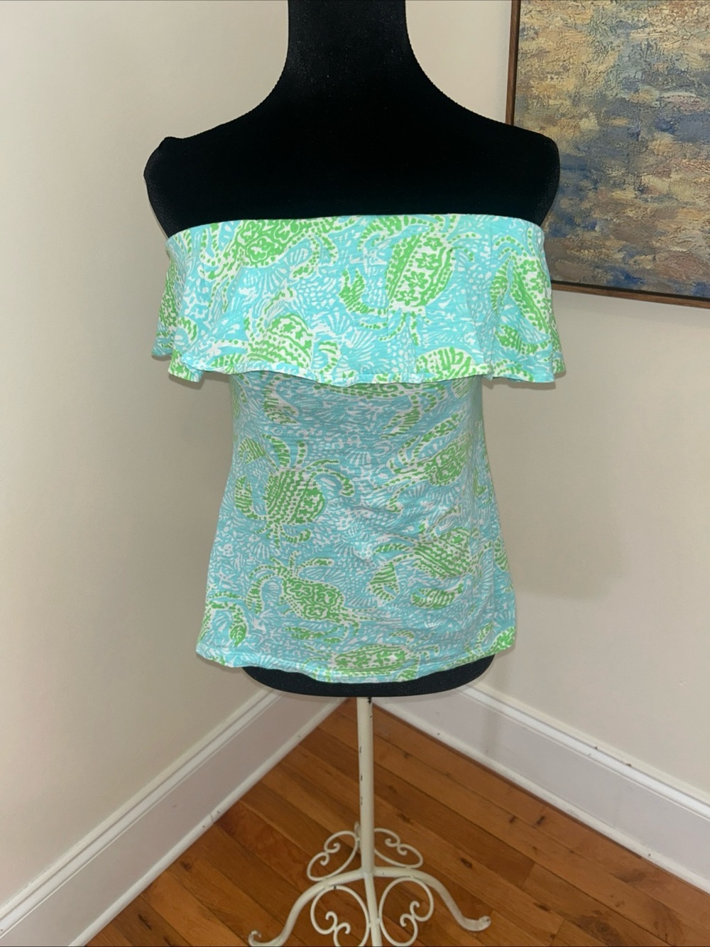 LILLY PULITZER Aqua Blue Green Wiley Ruffle Tube Top Size Small Preppy Coastal